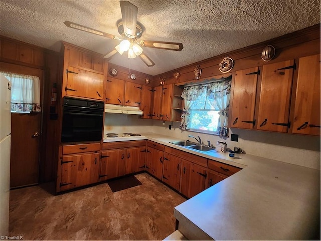 kitchen featuring white cooktop, sink, a textured ceiling, black oven, and ceiling fan