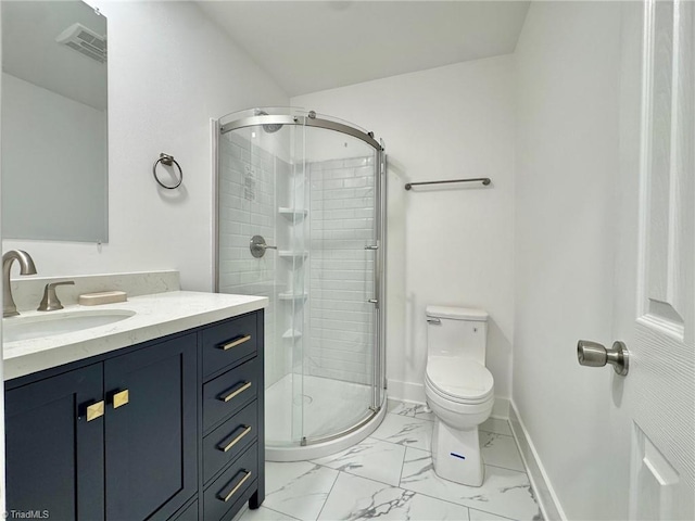 1101 Forrest St, High Point, NC 27262 - bathroom featuring marble finish flooring, a shower stall, vanity, toilet, and baseboards