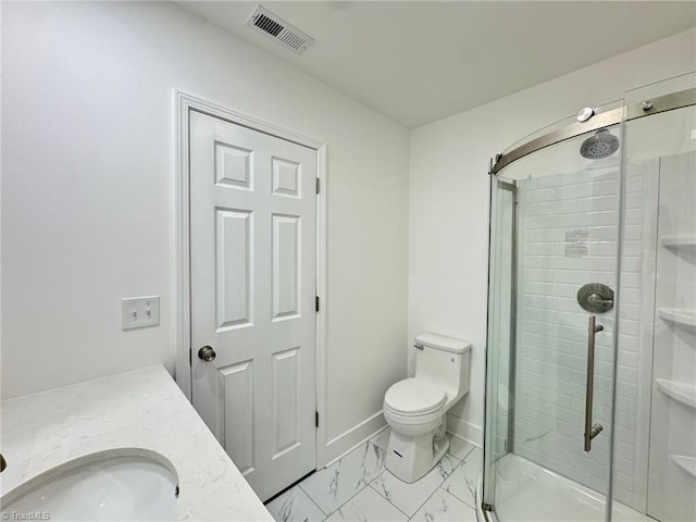 1101 Forrest St, High Point, NC 27262 - bathroom with a shower stall, marble look tile flooring, vanity, and toilet