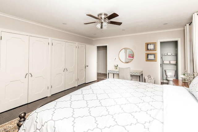 bedroom with crown molding, dark wood-type flooring, ceiling fan, ensuite bathroom, and multiple closets