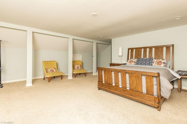 bedroom with two closets and light carpet