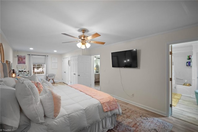 bedroom with multiple closets, baseboards, ornamental molding, recessed lighting, and light wood-style flooring