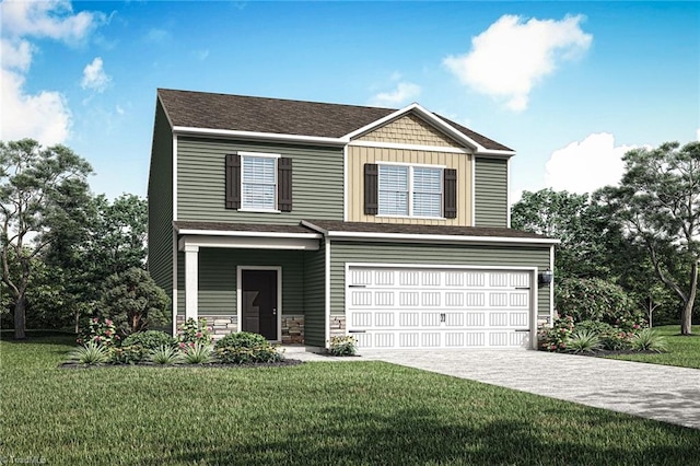 view of front of house with a front yard and a garage