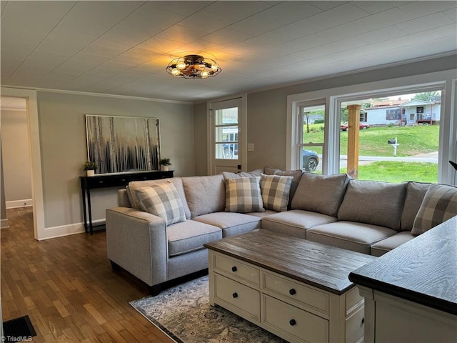 living area with baseboards, ornamental molding, and dark wood-style floors