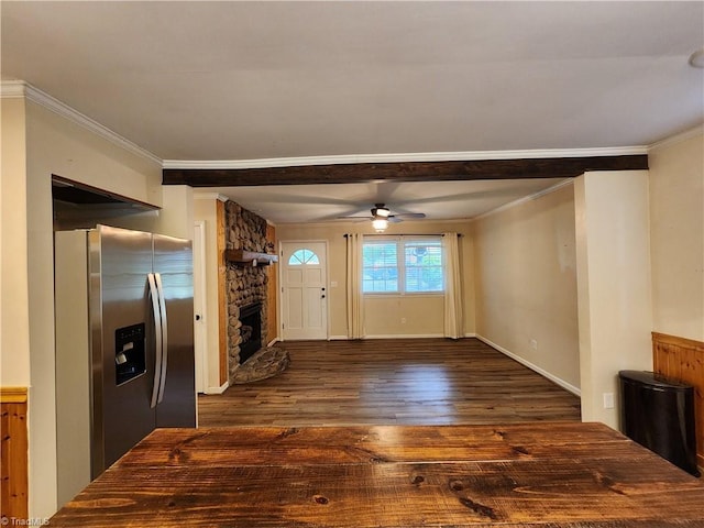 1129 Foxtrot Ct, King, NC 27021 - unfurnished living room featuring dark wood finished floors, ornamental molding, ceiling fan, and a fireplace