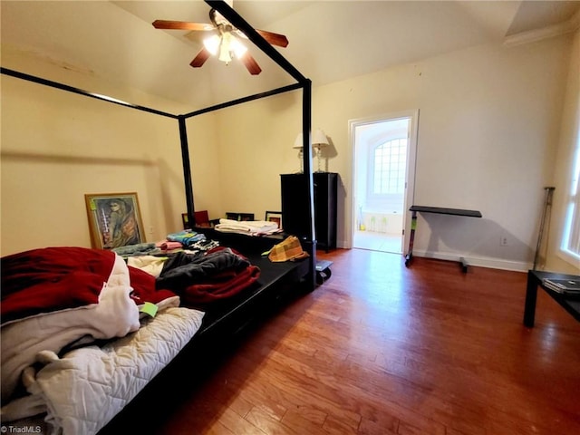 bedroom with hardwood / wood-style flooring and ceiling fan