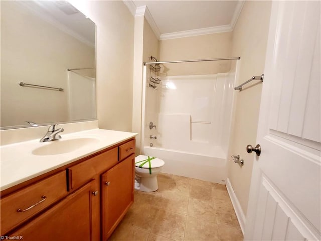 full bathroom featuring crown molding, washtub / shower combination, tile patterned flooring, vanity, and toilet