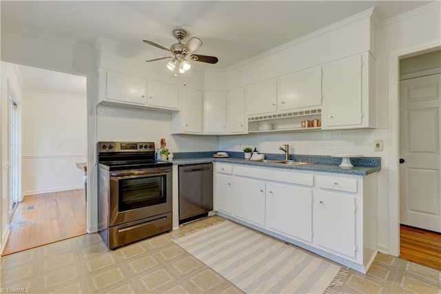 kitchen featuring ceiling fan, white cabinetry, dishwasher, and stainless steel range with electric stovetop