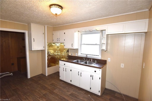 kitchen featuring sink, crown molding, dark hardwood / wood-style floors, a textured ceiling, and white cabinets