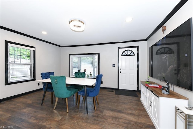 1449 NC Highway 150, Summerfield, NC 27358 - dining area with ornamental molding, baseboards, recessed lighting, and dark wood-style flooring