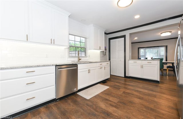 1449 NC Highway 150, Summerfield, NC 27358 - kitchen with stainless steel dishwasher, crown molding, dark wood finished floors, tasteful backsplash, and a sink