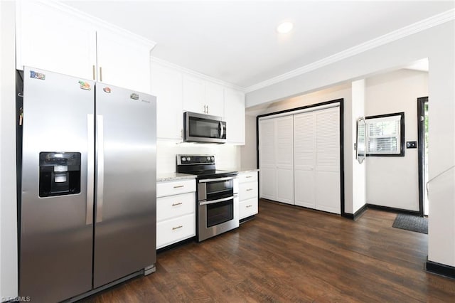 1449 NC Highway 150, Summerfield, NC 27358 - kitchen with stainless steel appliances, ornamental molding, white cabinetry, dark wood-style flooring, and recessed lighting
