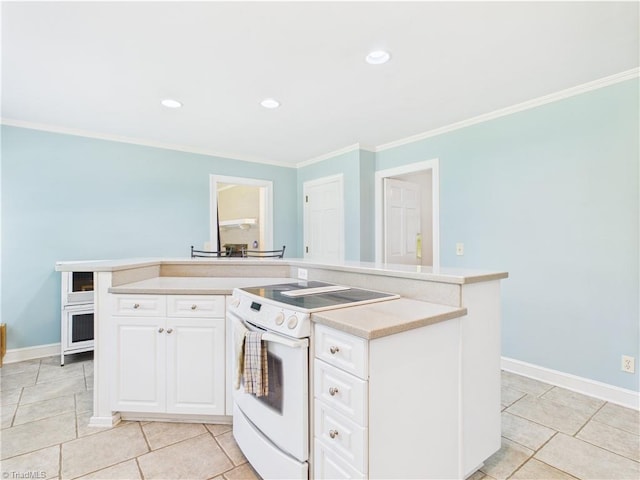 4208 Aberdare Dr, High Point, NC 27265 - kitchen with electric stove, white cabinetry, light countertops, crown molding, and baseboards