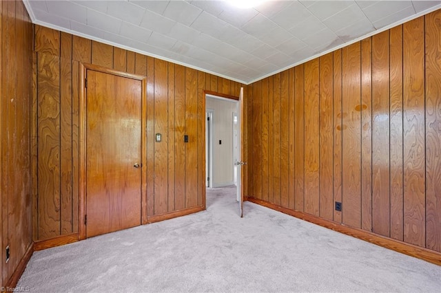 unfurnished bedroom featuring baseboards, wood walls, and carpet