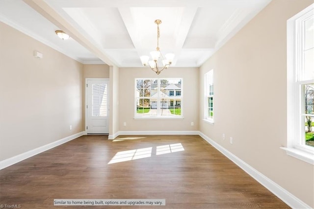 4095 Stallion St Lot 19, High Point, NC 27262 - unfurnished dining area with a chandelier, coffered ceiling, wood finished floors, beam ceiling, and baseboards