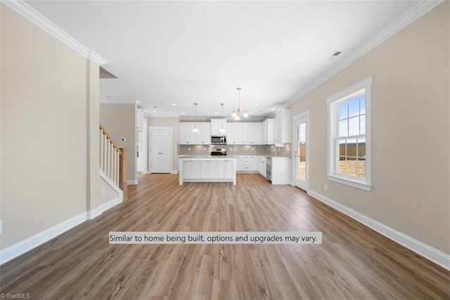 4095 Stallion St Lot 19, High Point, NC 27262 - unfurnished living room featuring ornamental molding, baseboards, stairway, light wood-style flooring, and recessed lighting