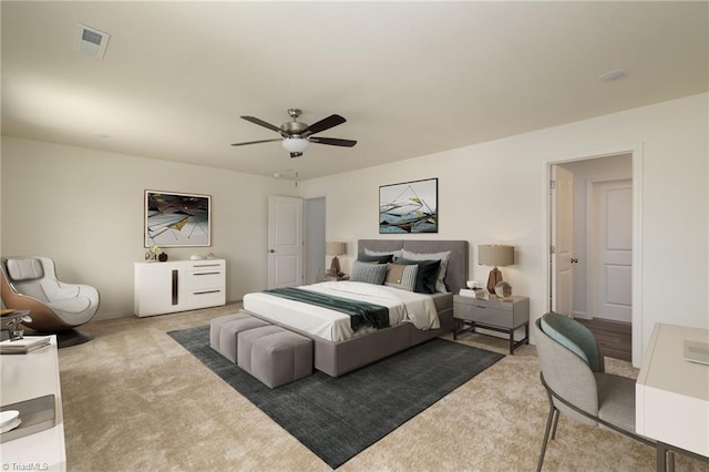 bedroom featuring ceiling fan and light carpet