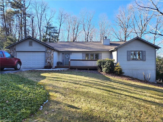 ranch-style home with a garage, a front lawn, a chimney, and a deck