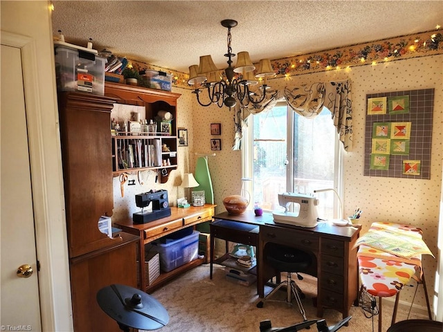 office space featuring carpet floors, wallpapered walls, and a textured ceiling