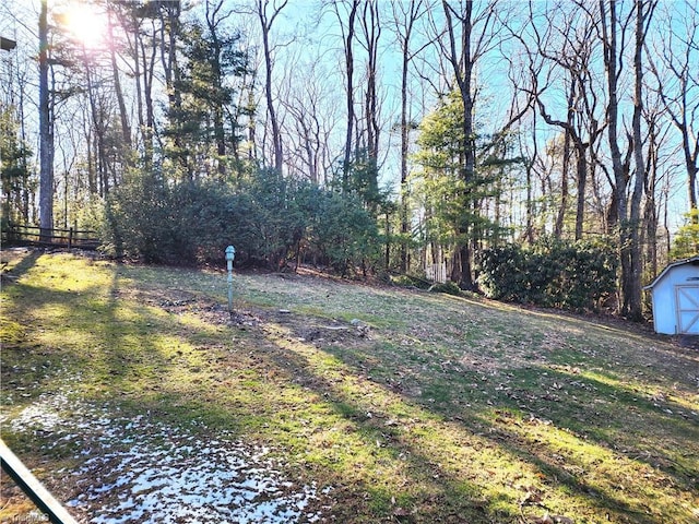 view of yard featuring fence and a storage unit