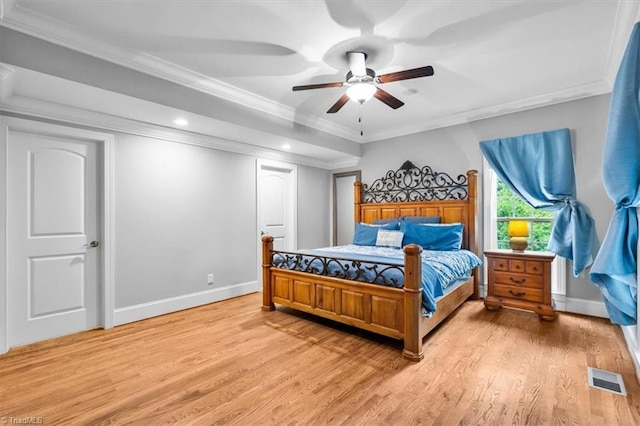 6 Yardarm Ct, Greensboro, NC 27455 - bedroom featuring baseboards, light wood-style flooring, ornamental molding, recessed lighting, and ceiling fan