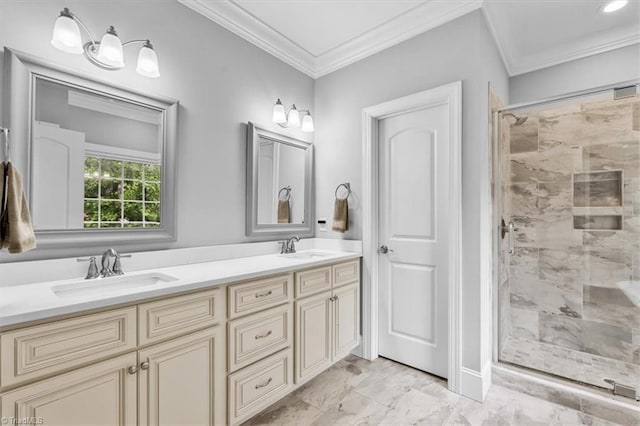 6 Yardarm Ct, Greensboro, NC 27455 - full bath with a stall shower, double vanity, marble finish floors, and ornamental molding