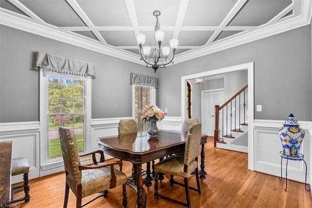 6 Yardarm Ct, Greensboro, NC 27455 - dining space featuring a chandelier, coffered ceiling, a wainscoted wall, stairs, and light wood finished floors