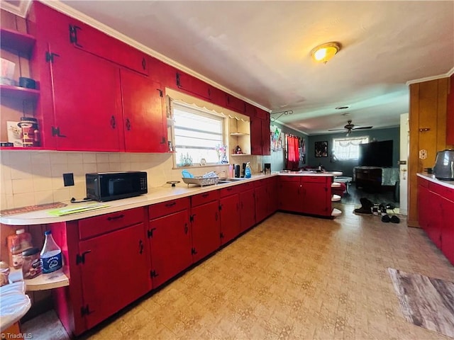 925 S Franklin Rd, Mount Airy, NC 27030 - kitchen with open shelves, a ceiling fan, black microwave, red cabinets, and light floors