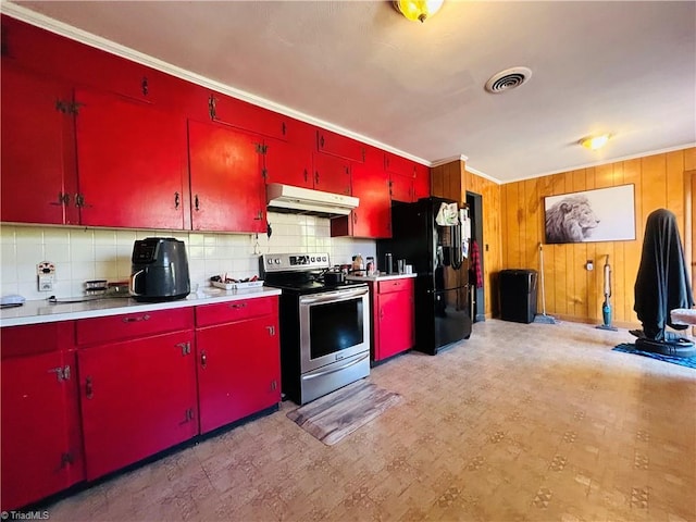 925 S Franklin Rd, Mount Airy, NC 27030 - kitchen featuring stainless steel electric range oven, red cabinets, black refrigerator with ice dispenser, under cabinet range hood, and visible vents