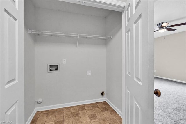 laundry area featuring hookup for a washing machine, hookup for a gas dryer, carpet floors, and ceiling fan