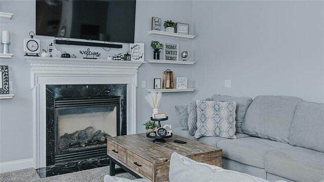 living room featuring carpet flooring and a premium fireplace