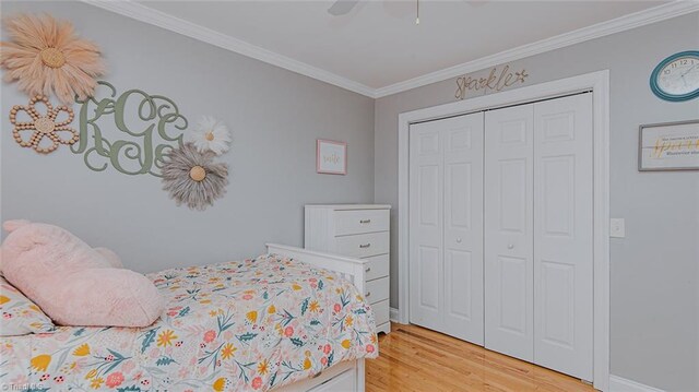 bedroom with light wood-type flooring, a closet, ceiling fan, and ornamental molding