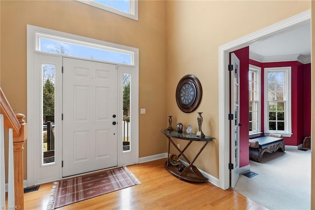 foyer with light hardwood / wood-style flooring, plenty of natural light, and crown molding