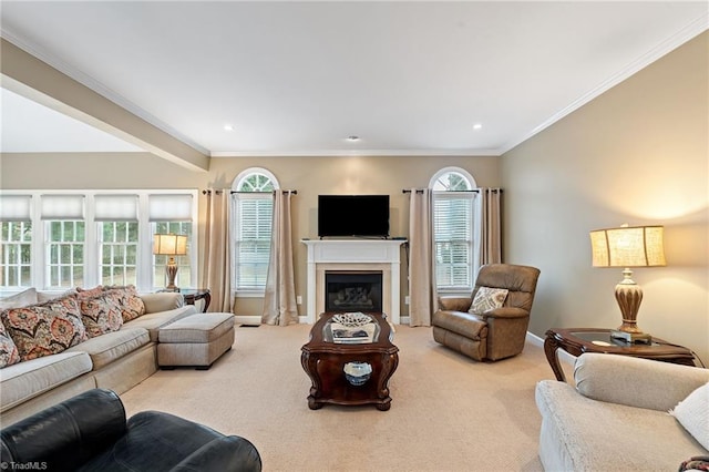 living room with light carpet and crown molding