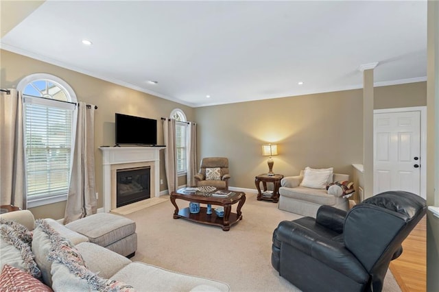 living room featuring crown molding and light carpet