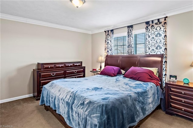 bedroom featuring crown molding and light carpet