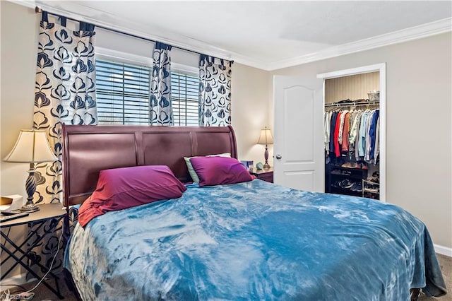 carpeted bedroom featuring a closet and ornamental molding