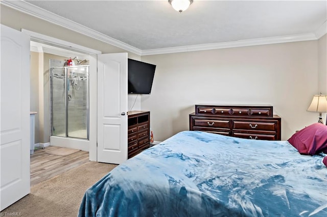 carpeted bedroom with crown molding