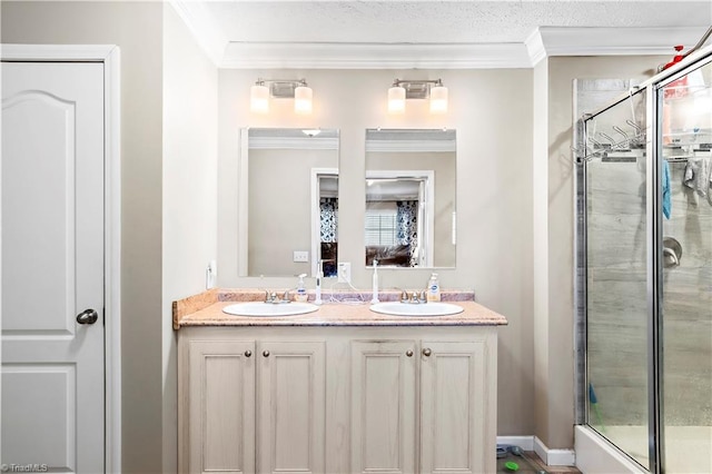 bathroom featuring crown molding, vanity, and walk in shower