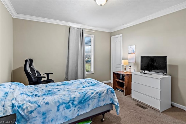 bedroom with ornamental molding and light carpet