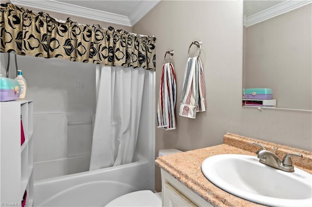 full bathroom featuring shower / tub combo, vanity, toilet, and crown molding