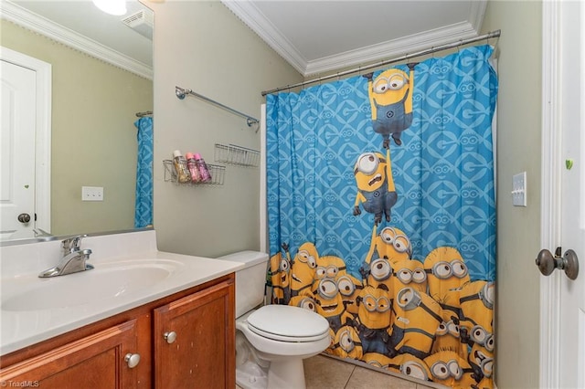 bathroom featuring walk in shower, ornamental molding, vanity, tile patterned flooring, and toilet