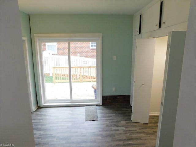 kitchen with white cabinetry and dark hardwood / wood-style flooring