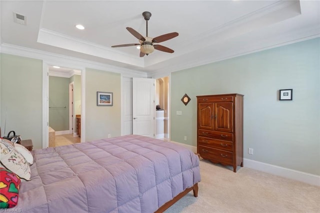 5584 Foxgate Cir, Winston-Salem, NC 27106 - bedroom with a tray ceiling, ornamental molding, recessed lighting, light carpet, and a ceiling fan