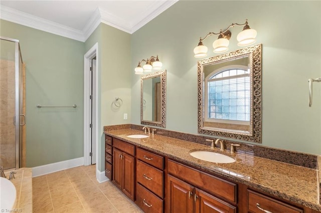5584 Foxgate Cir, Winston-Salem, NC 27106 - full bath featuring a stall shower, double vanity, crown molding, tile patterned flooring, and baseboards