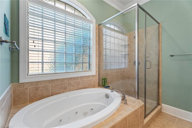 5584 Foxgate Cir, Winston-Salem, NC 27106 - full bathroom featuring a jetted tub, a stall shower, crown molding, tile patterned flooring, and baseboards