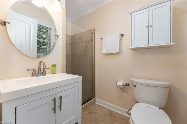 bathroom with tile patterned flooring, toilet, walk in shower, and ornamental molding