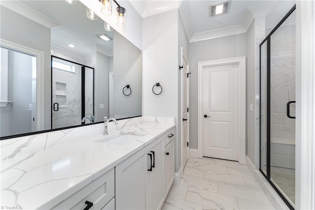 bathroom featuring crown molding, an enclosed shower, and vanity