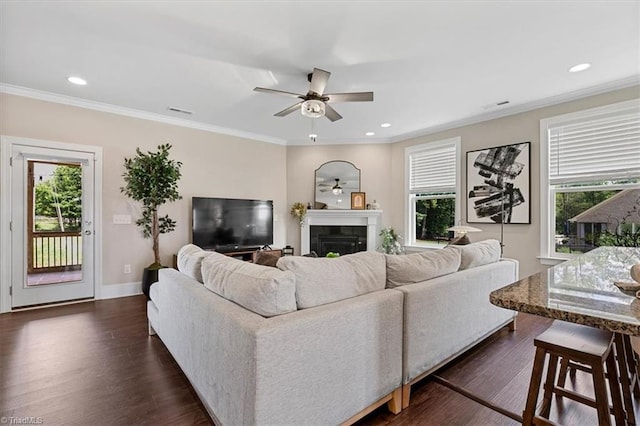 6605 Hedgerow Ct, Summerfield, NC 27358 - living room with ceiling fan, dark wood-style flooring, a fireplace, baseboards, and recessed lighting