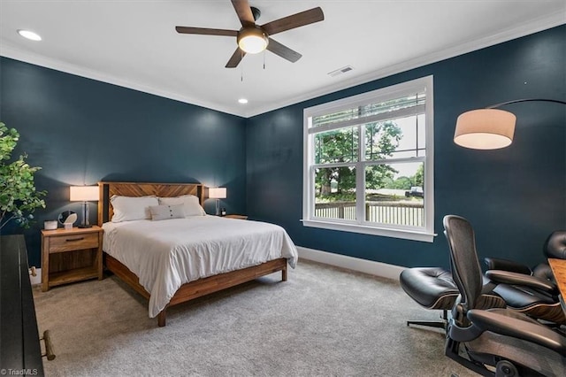 6605 Hedgerow Ct, Summerfield, NC 27358 - carpeted bedroom featuring crown molding, baseboards, a ceiling fan, and recessed lighting